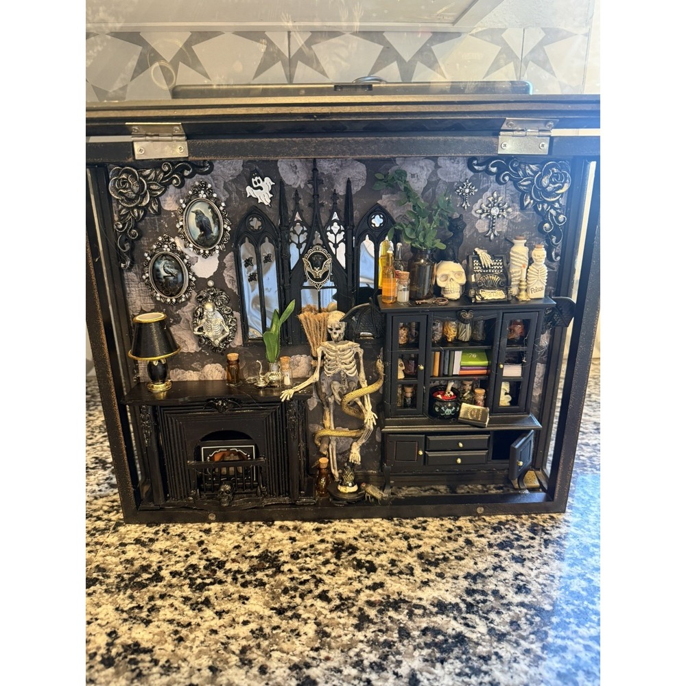 OOAK Gothic Halloween Diorama Shadow Box w/ Skeleton, Curiosities‎ & LED Light